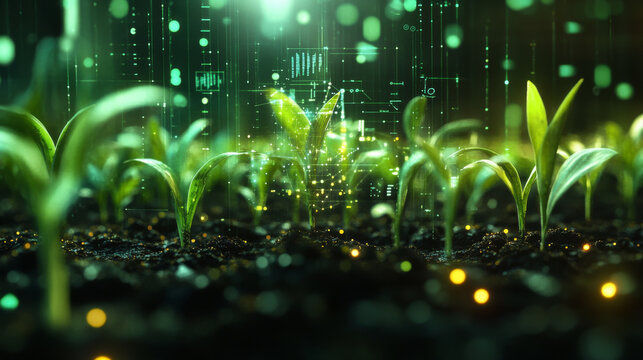 Growing corn sprouts in digital field with technology
