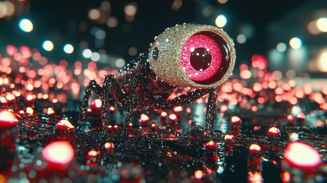 Robotic insect exploring glowing landscape; sci-fi concept art