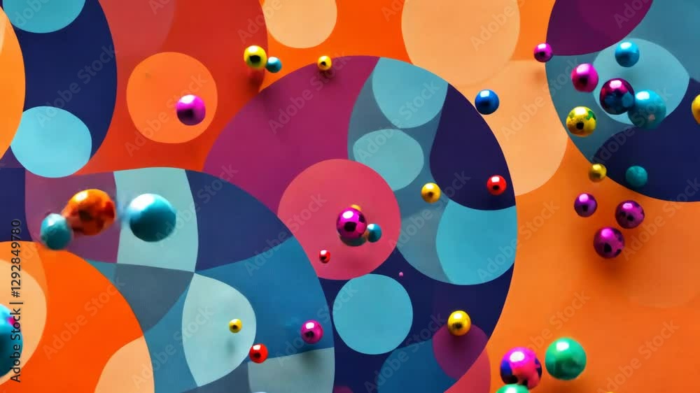 Poster a colorful background with many different colored balls. some of the balls are blue, some are orange