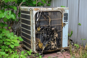 Broken exterior cooling unit cover removed requiring repair faulty internal electrical components Outside HVAC system inoperative ready for fixing