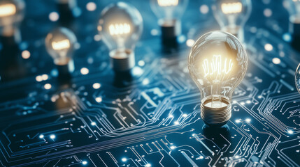 Illuminating Innovations: A captivating view of multiple glowing light bulbs against a technological circuit board, suggesting ideas and innovation in the technological realm.
