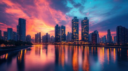 Fototapeta premium A panoramic view of a modern skyscraper cityscape at twilight, with illuminated windows and reflections in a nearby river under a vibrant sky. 