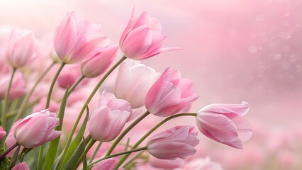 Fototapeta premium Pink Tulips in Bloom: A close-up of delicate pink tulips, blossoms gently swaying in the breeze, creating a soft, romantic, and dreamy image. 