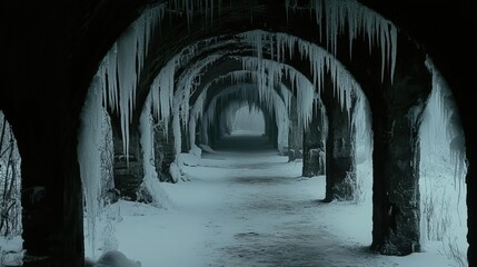 Naklejka premium A Chilling Passage: An Icy, Snow-Laden Underground Corridor with Frost-Covered Arches in a Mysterious Winter Setting
