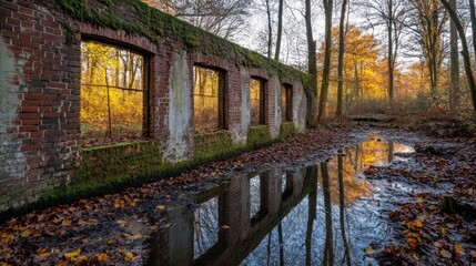 Autumnal Reflections: A Brick Wall's Reverie in a Forest Stream