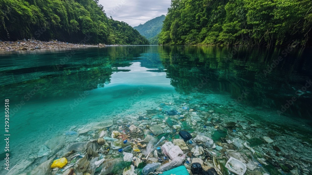 Poster Comparison of polluted river with trash and crystal clear stream showcasing environmental conditions and awareness. Generative AI