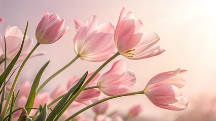 Fototapeta premium Blossom in Bloom: Gentle light bathes a cluster of delicate pink tulips, creating a serene and vibrant scene of springtime beauty.