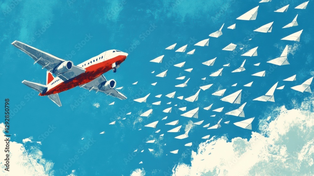 Poster red and white airplane guides smaller paper planes across a clear blue sky. generative ai