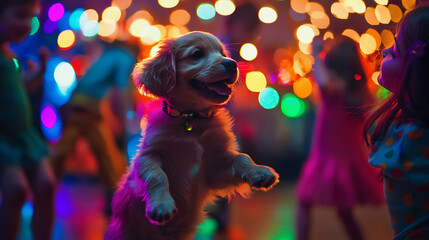  puppy and children having dance party