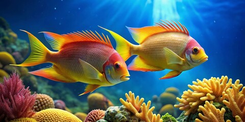 Fototapeta premium Two Vibrant Tropical Fish Gracefully Swimming Amongst Colorful Coral Reefs in a Serene Underwater Paradise