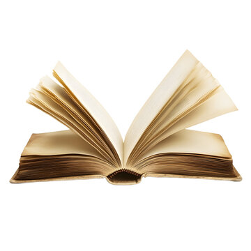 Open book with fanned-out aged pages on transparent background