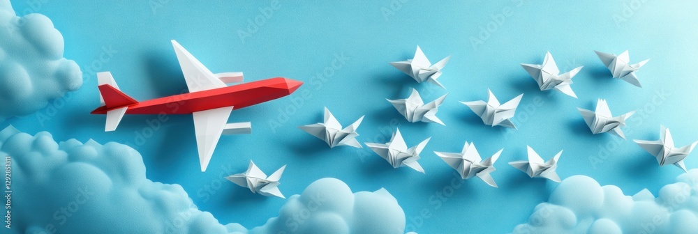 Poster red and white airplane guides formation of paper planes in bright blue sky expressing leadership and