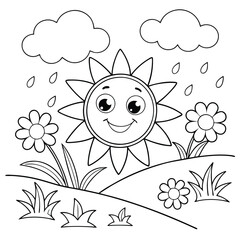 Fototapeta premium Playful Sun and Rain Clouds Cute Coloring Sheet for Kids and Toddlers