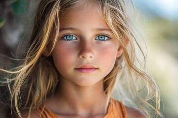 Fototapeta premium Child portrait, outdoor, beach, sunlit