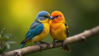 Fototapeta premium Close-up of two small birds cuddling, artistic blur, animal, closeup