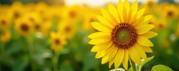 Fototapeta premium Closeup single sunflower; rich brown center, bright yellow rays; summer field background , sun, floral, happy
