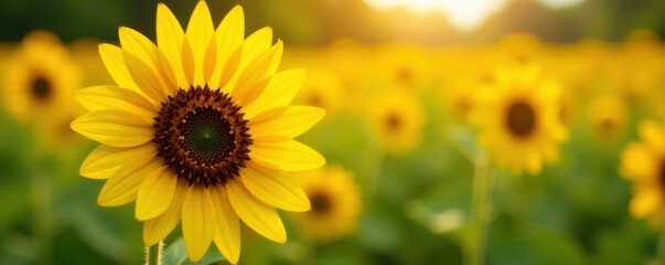 Obraz premium Closeup single sunflower; rich brown center, bright yellow rays; summer field background , sunshine, summer, happy