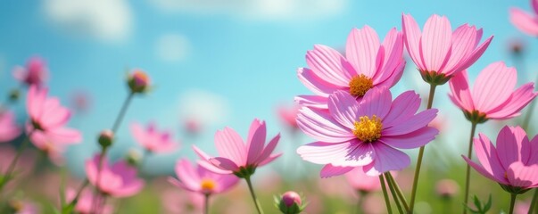 Obraz premium Cosmos flowers swaying gently in a summer breeze , nature photography, field