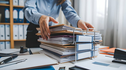 management of documents. Businesswoman searching and verifying corporate files using a stack of paper files, document accomplishments on office table folders, closeup 