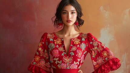 Fashion design featuring cherry red dress with vibrant floral embroidery showcased in a studio setting