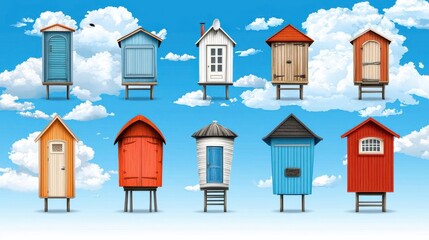 Colorful beach huts against a bright blue sky with fluffy clouds.