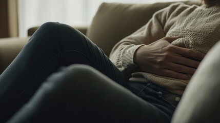 Abdominal pain from stress, a person resting on a couch holding their stomach. Featuring discomfort and stress relief techniques