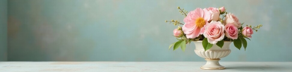 Delicate pastel flower arrangement in a vintage urn , romance, serenity, elegant