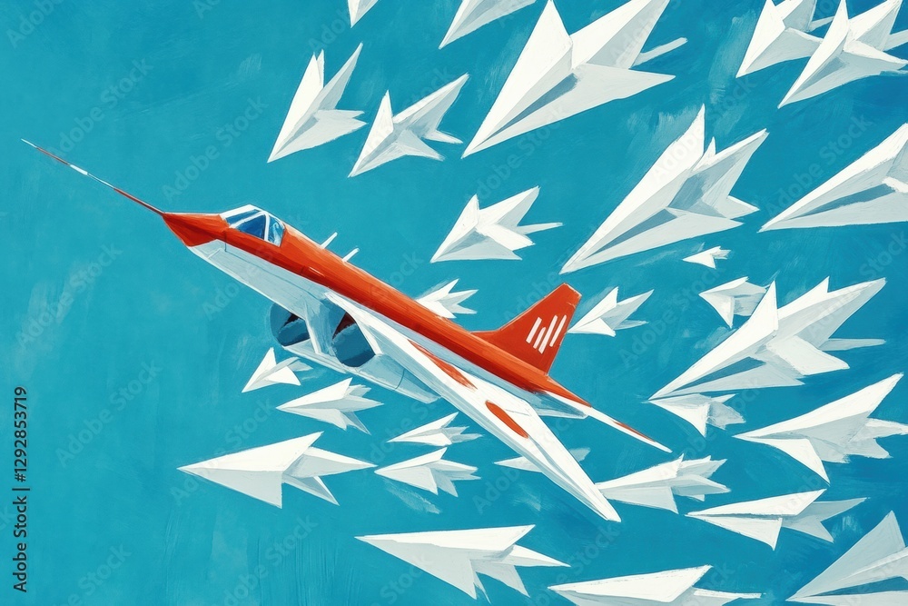 Poster red and white airplane leading a group of paper planes in a clear blue sky representing direction an