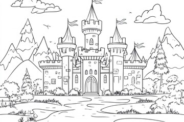 Majestic castle standing tall in a picturesque mountain landscape, waiting to be colored