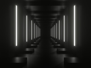 Obraz premium 3D neon tunnel. Black corridor with white neon lights