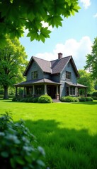 Dream house, vibrant green grass, perfect yard, windows, flowers