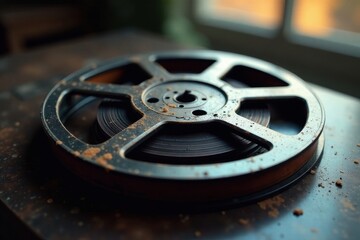 Dusty, scratched film reel with visible grain , movie, damaged film, overlay