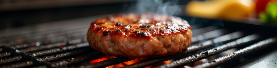 Sizzling burger patty, juicy meat, grill marks, steam , food photography, burger
