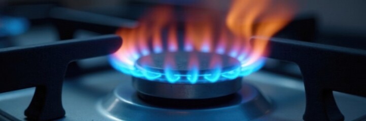 Efficient gas stovetop burner, blue and orange flames dancing , cooking, fire