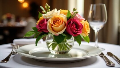 Elegant floral centerpiece, gleaming silverware, tablecloth, beautiful, feast