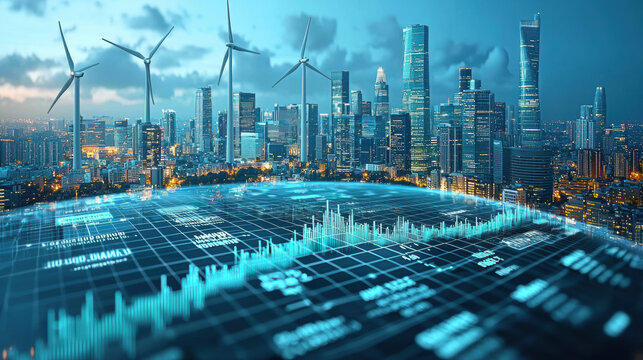 City skyline with wind turbines and stock market data visualization, showcasing blend of technology and sustainability in urban development