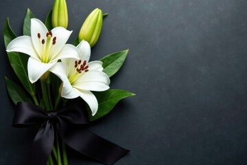 Obraz premium Elegant white lilies contrasted by a black mourning ribbon , ribbon, purity