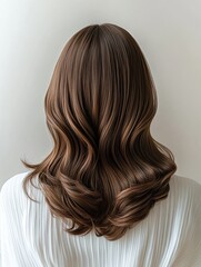 Fototapeta premium Healthy Shiny Brown Hair with Soft Waves, A close-up of a woman’s long, wavy brown hair with a smooth, glossy finish, showcasing healthy strands and elegant styling. 