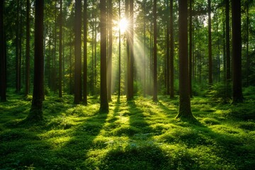 Morning sunlight illuminating green forest floor