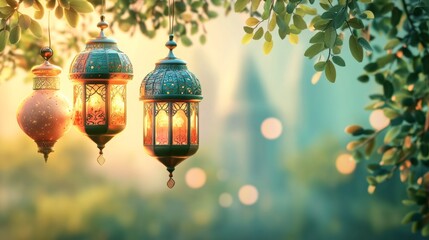 Obraz premium Happy Eid al Fitr. 3D Realistic Balloon Eid al Fitr. Eid Mubarak Poster Design with Ketupat and Lantern.