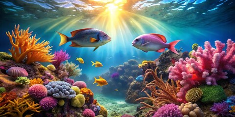 Vibrant Underwater Scene Showcases a Thriving Coral Reef Ecosystem with Colorful Fish and Diverse Coral Formations