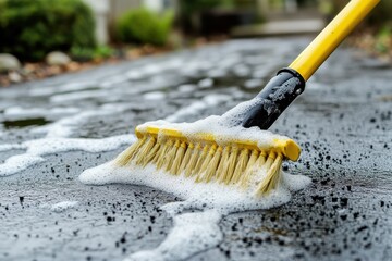 Close up shot of a broom scrubbing a dark concrete driveway in front of a modern home using soapy water Spring cleaning in progress
