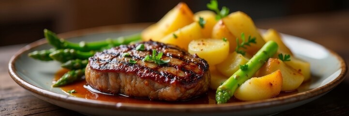 Sizzling steak, crisp potatoes, tender asparagus , steak, foodphotography