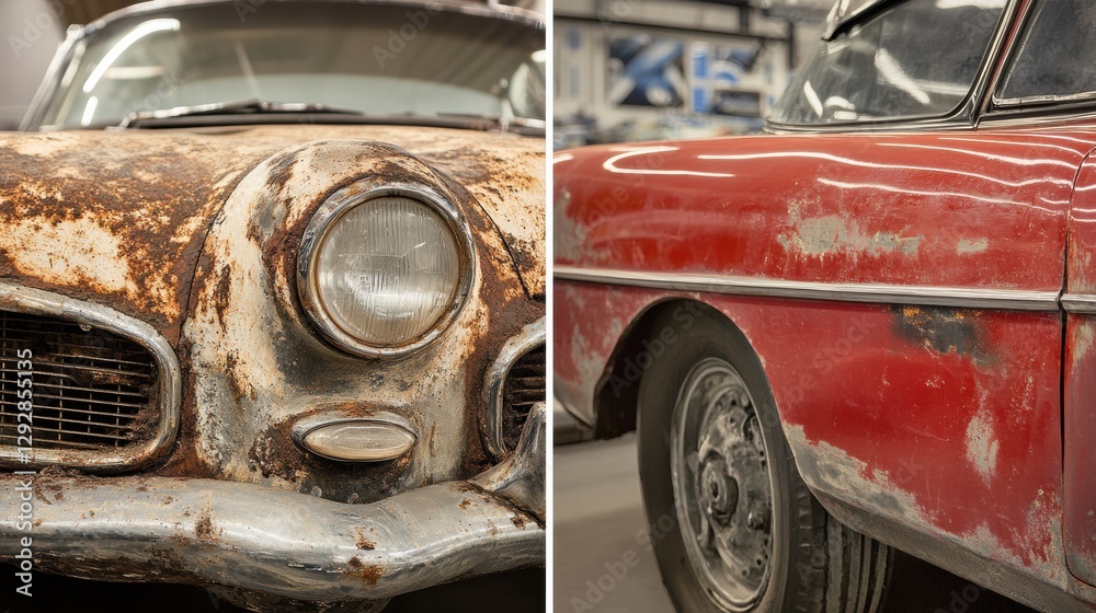 Poster Classic car transformation showing a dramatic restoration effort with side by side comparison of condition. Generative AI