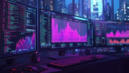 Fototapeta premium Night city office workstation with graphs and code