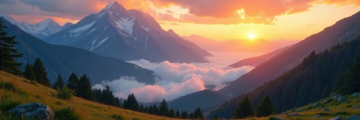 Fototapeta premium Golden sunrise paints alpine peaks, mist-shrouded valley below , Sunrise, valley, beautiful