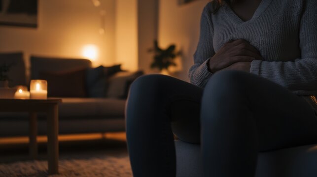 Abdominal pain from stress, a person sitting in a cozy living room holding their stomach. Featuring discomfort and relaxation strategies