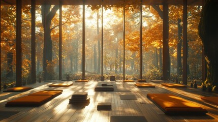 Autumn forest yoga studio sunrise meditation retreat