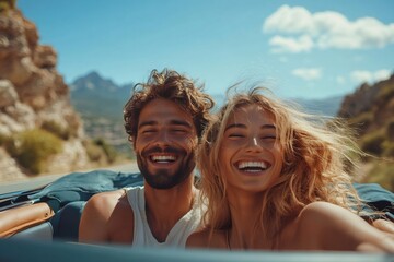 Fototapeta premium Happy couple laughing and enjoying road trip in convertible car