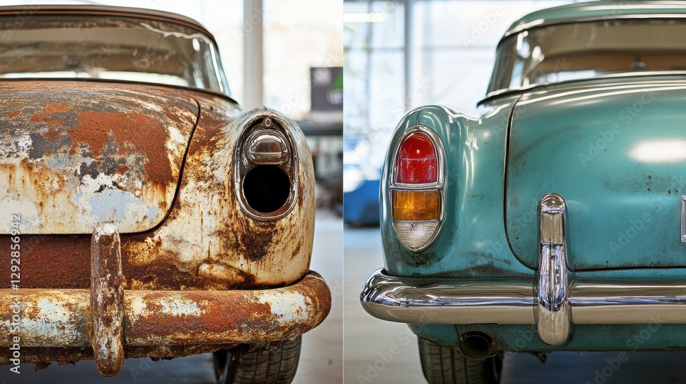 Poster transformation of a classic car from rusty relic to shiny restored beauty in a workshop setting. gen